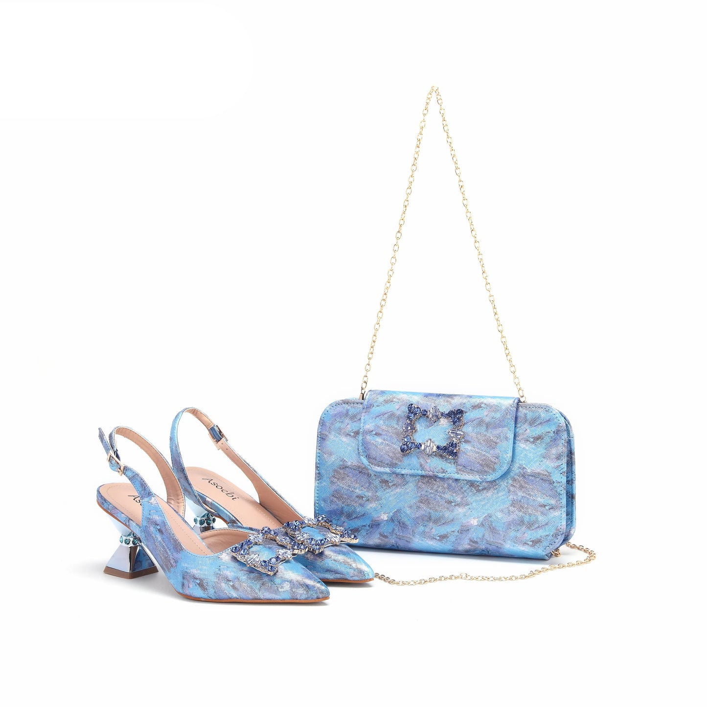 2025 Exclusive Sky Blue Pointed Toe Artistic Design Women's Shoe and Handbag Set for Elegant Party Wear