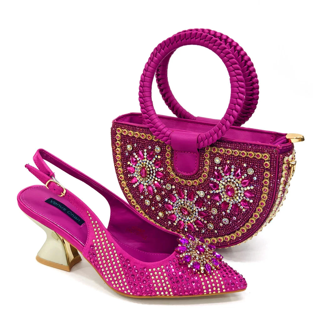 2025 New Design Specials: Italian Women’s Shoes and Bag Set in Fuchsia Color – Comfortable High Heels with Rhinestone Accents