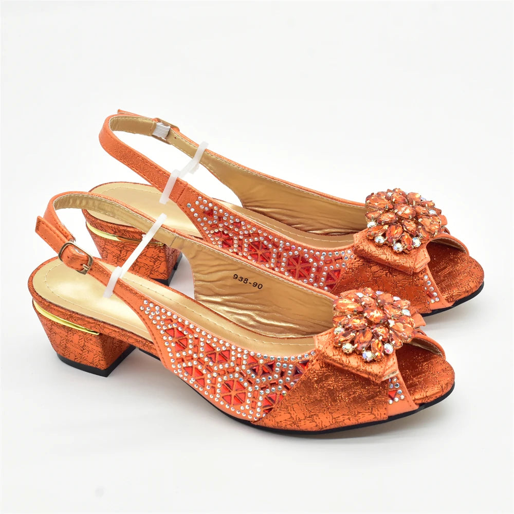 New Arrival Orange Shoe and Bag Set - Luxury Designer Shoes for Women, Matching Wedding Shoes and Bags Decorated with Rhinestone