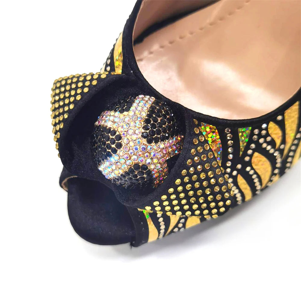 New Arrival: Black Color Women's Heel Shoes Matching Bag Set – Butterfly Design for Wedding Parties