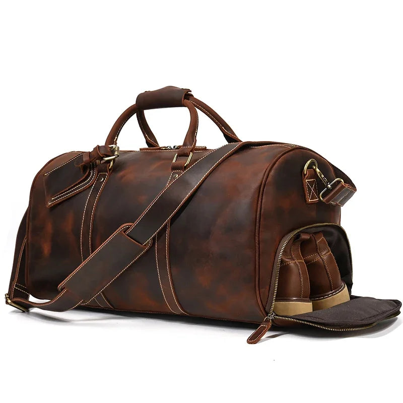 52cm Vintage Genuine Leather Travel Duffle Bag for Men: Large Cowhide Weekend Shoulder Bag