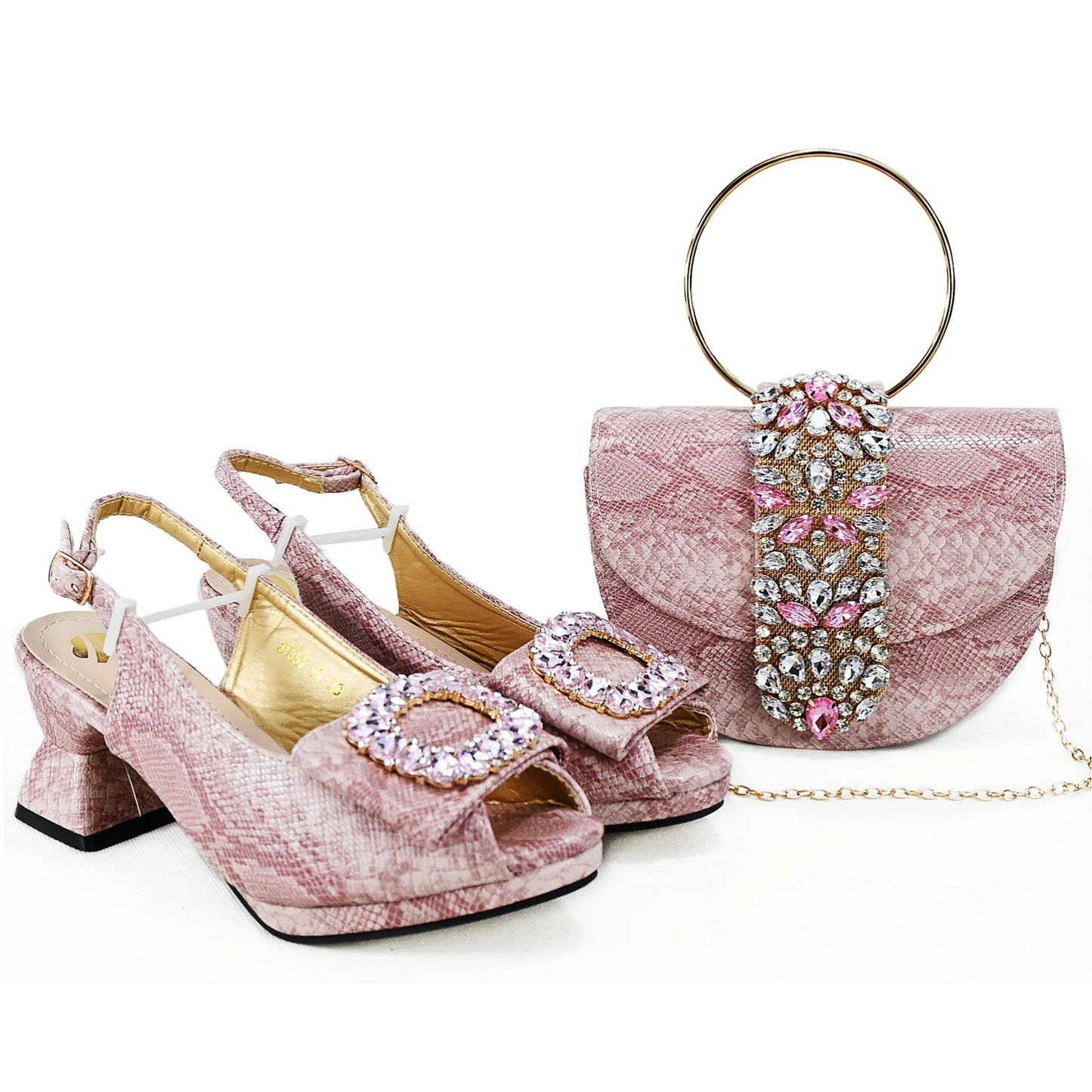 2025 Autumn Collection: Italian Women's Comfortable Mid Heel Shoes & Bag Set with Rhinestones in Vibrant Yellow