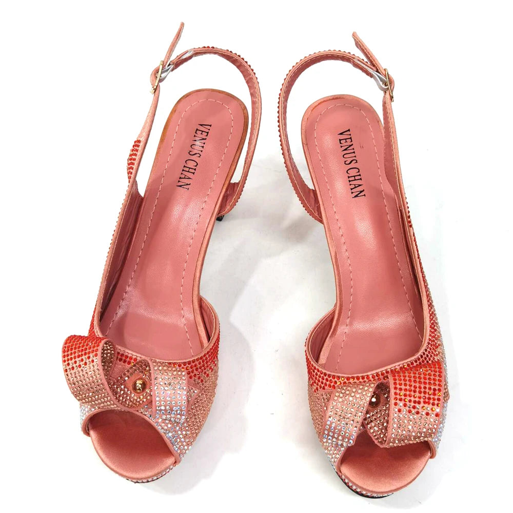 Newest Style: Peach Color Rhinestone Elegant High Heels – Popular Design Ladies Shoes and Bag Set