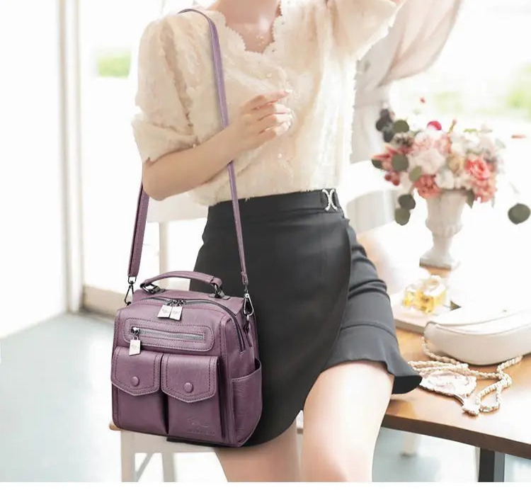 2025 New Fashion Backpack: Women's Casual Multi-Functional Leather Square Shoulder Bag