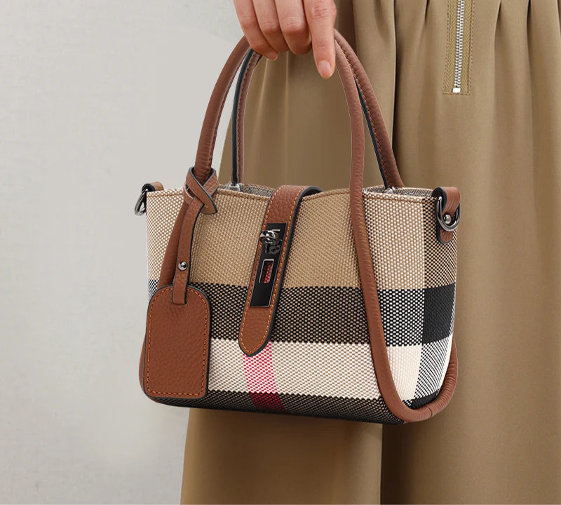 Women's Mini Plaid Handbag: Canvas & Cowhide - Brown