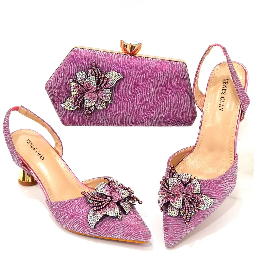 Elegant & Sexy Rainbow Color High Heels & Bag Set with Rhinestone-Embellished Toe - Comfortable Women's Party Shoes