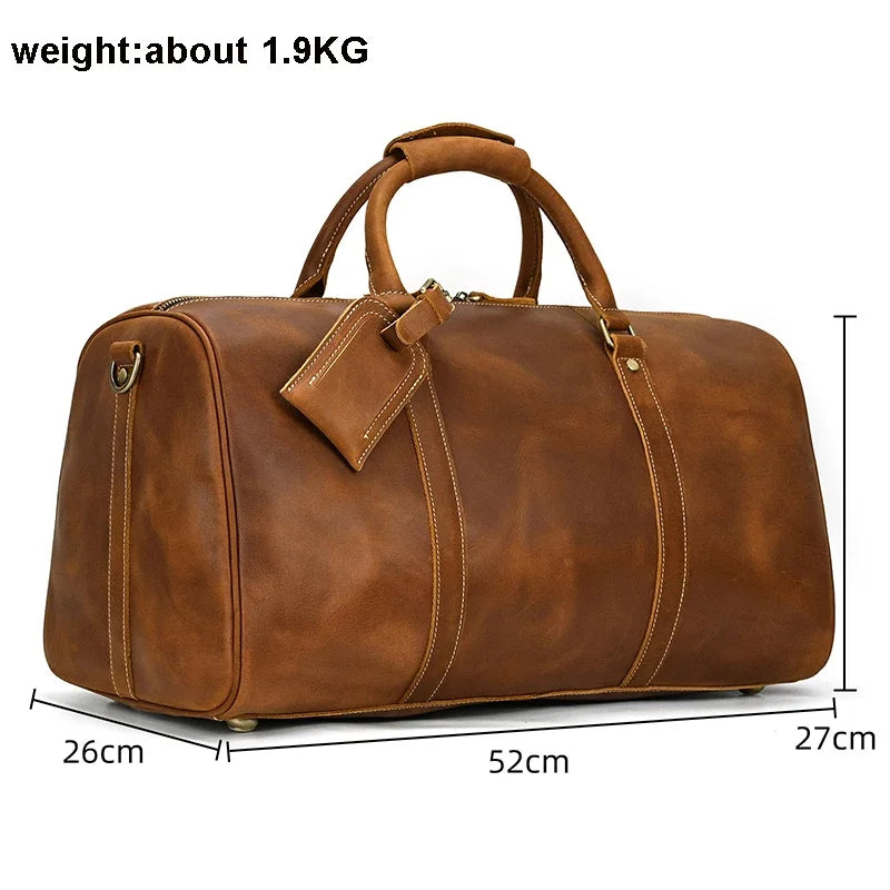 52cm Vintage Genuine Leather Travel Duffle Bag for Men: Large Cowhide Weekend Shoulder Bag