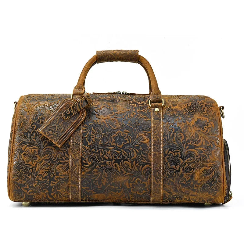 52cm Vintage Genuine Leather Travel Duffle Bag for Men: Large Cowhide Weekend Shoulder Bag