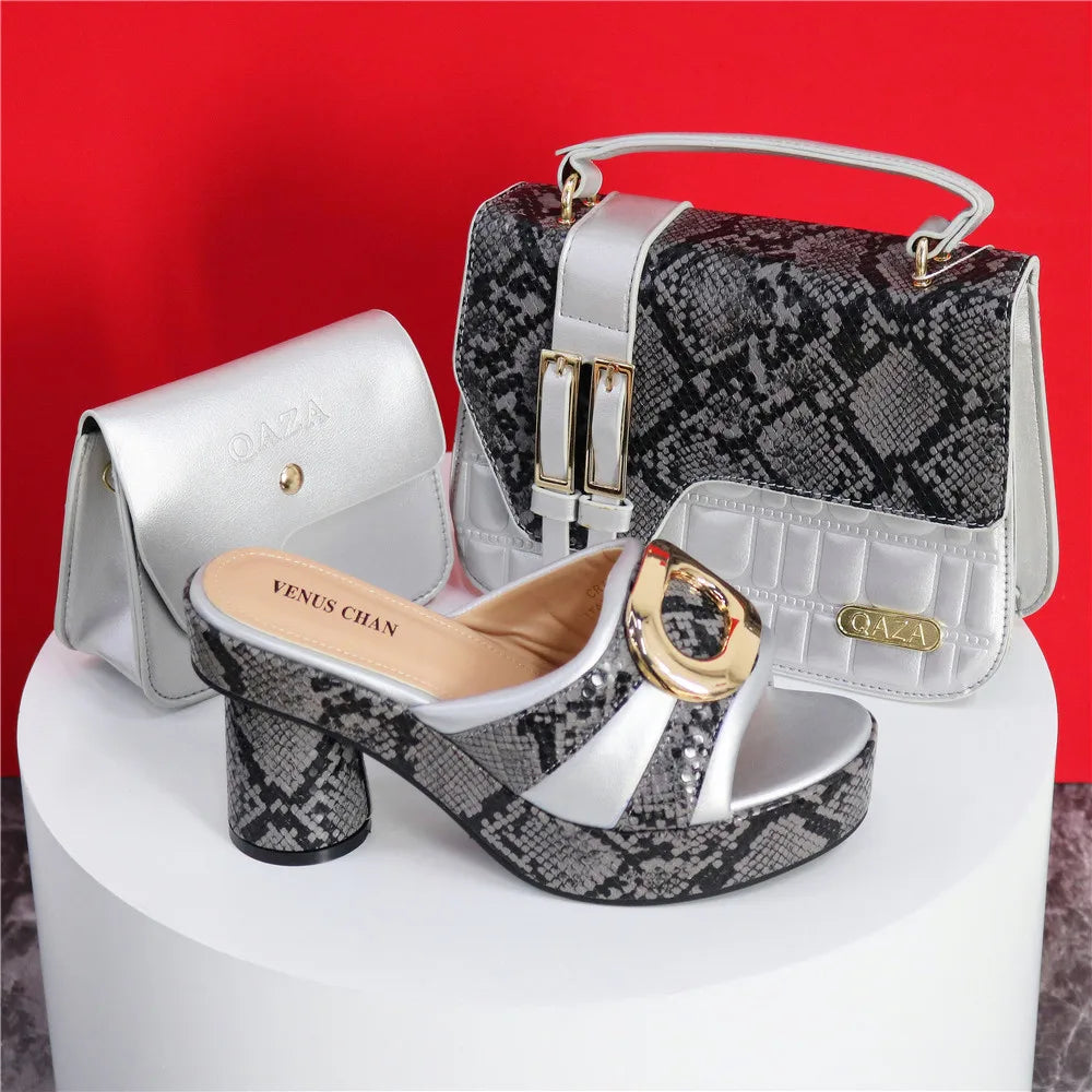 New Design Black Fashionable & Elegant Ladies High Heels Peep Toe Shoes with Matching Bag for Wedding Parties