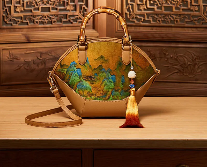 Luxury Hanfu Handbag: Women's Genuine Leather Shoulder Bag with Mulberry Silk - Cheongsam Style