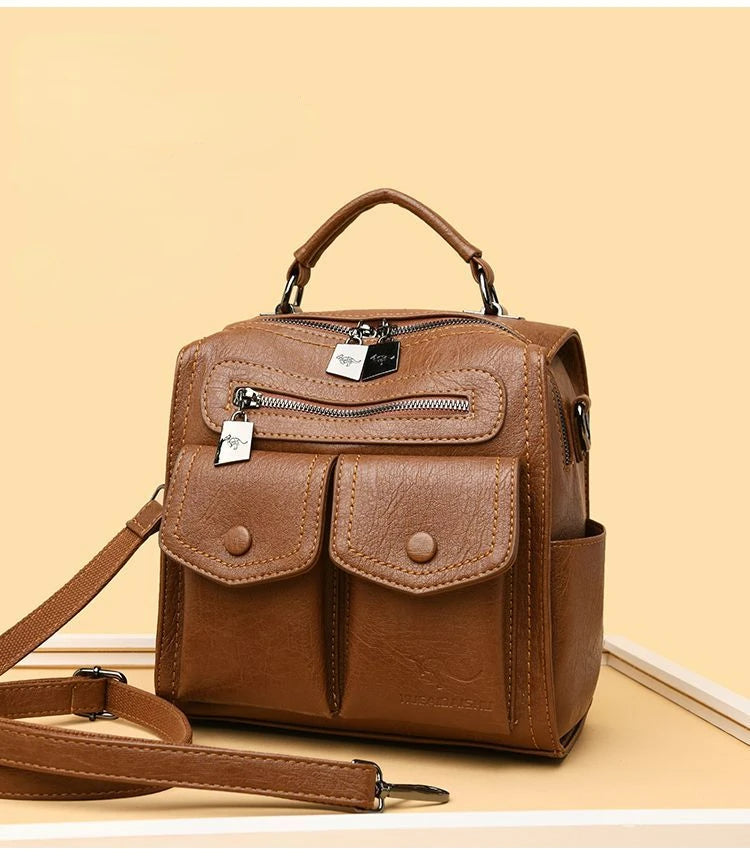 2025 New Fashion Backpack: Women's Casual Multi-Functional Leather Square Shoulder Bag