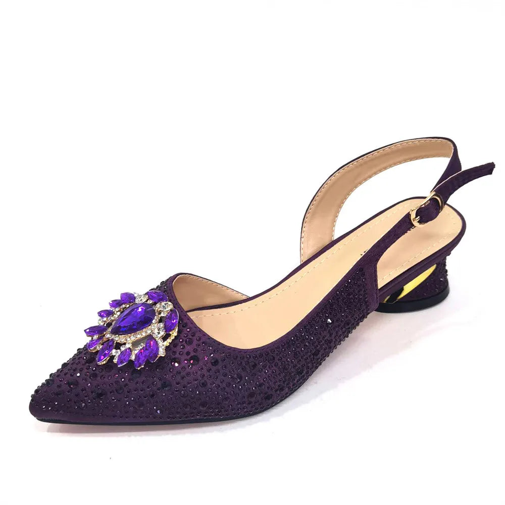 Purple 2025 Italian Design Girly Style Open Toe Shoes and Bag Set – Full Diamond Decoration with Appliques for Wedding Parties