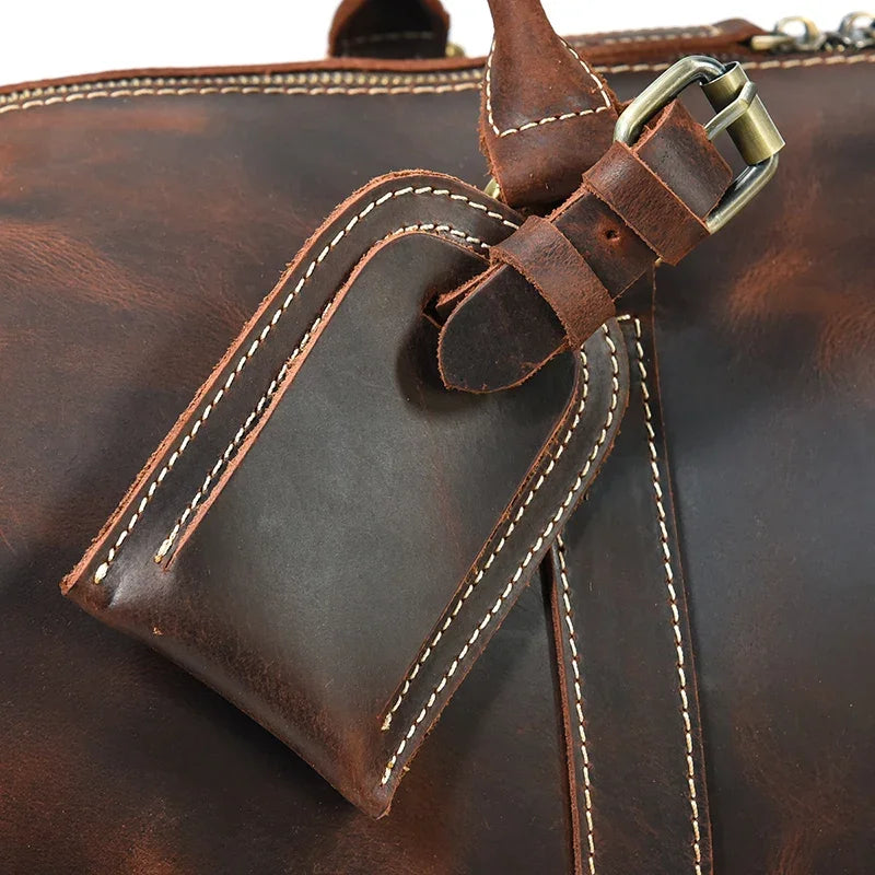 52cm Vintage Genuine Leather Travel Duffle Bag for Men: Large Cowhide Weekend Shoulder Bag