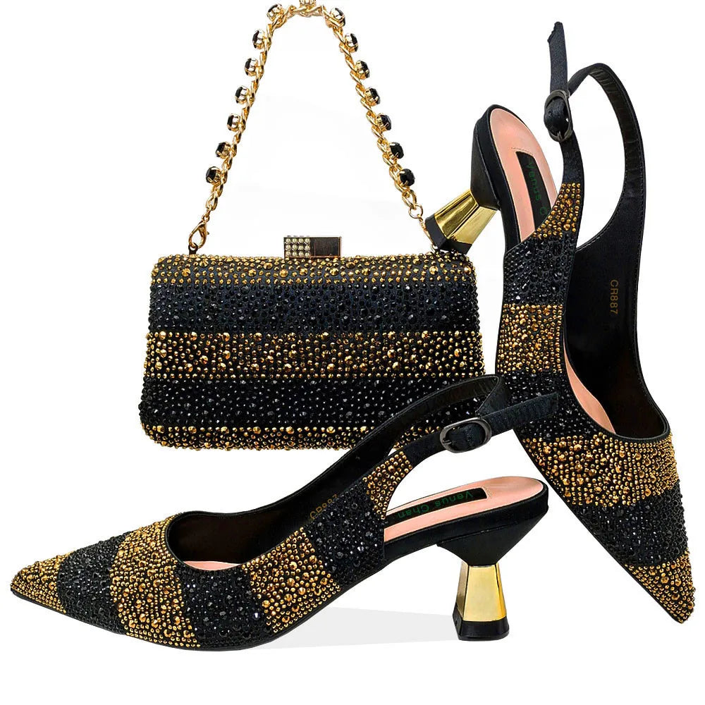 2025 Hot Selling Pointed-Toe Luxury High Heels Sandal & Bag Set in Gold - Perfect for Women's Wedding Party