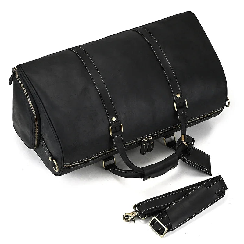 52cm Vintage Genuine Leather Travel Duffle Bag for Men: Large Cowhide Weekend Shoulder Bag