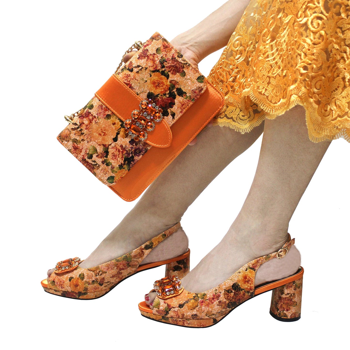 2025 Elegant Yellow Comfort Heels & Bag Set for Women - High-Quality Italian Design with Sparkling Crystals