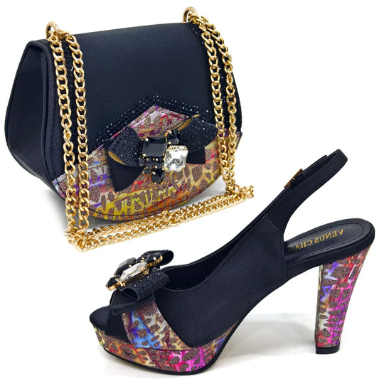 New Arrival: Matching Women’s Shoe and Bag Set – Decorated Black Italy Shoes and Handbag Set HDF1-17