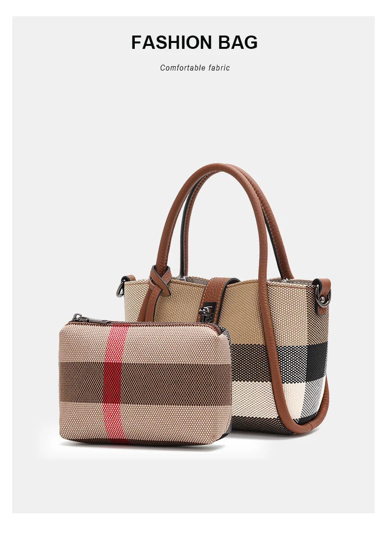 Women's Mini Plaid Handbag: Canvas & Cowhide - Brown