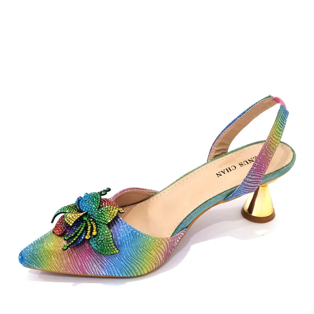 Elegant & Sexy Rainbow Color High Heels & Bag Set with Rhinestone-Embellished Toe - Comfortable Women's Party Shoes