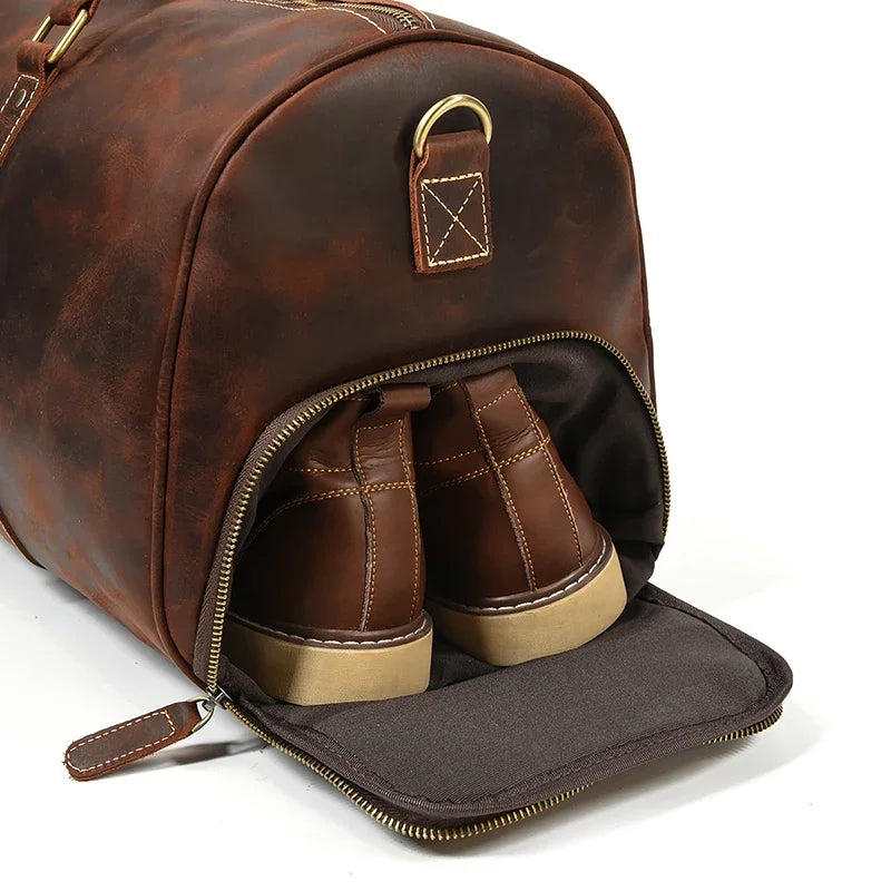 52cm Vintage Genuine Leather Travel Duffle Bag for Men: Large Cowhide Weekend Shoulder Bag