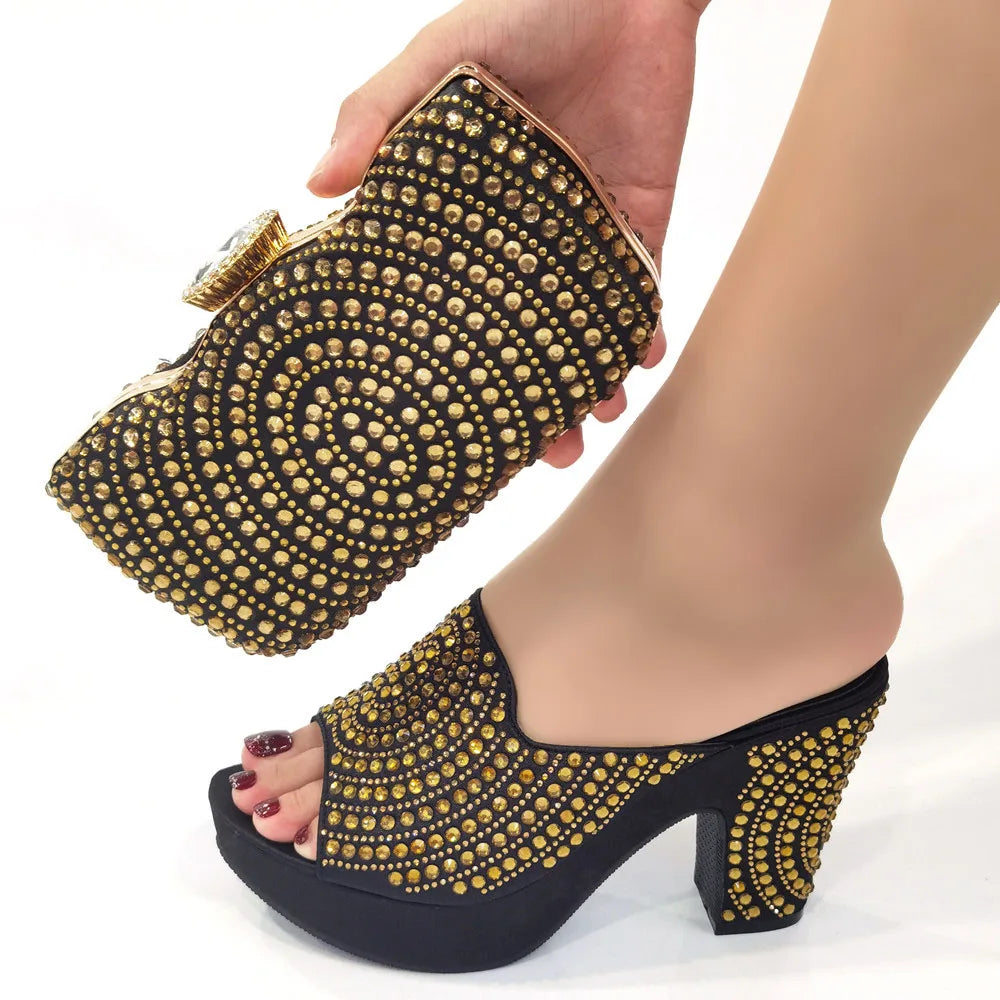 2025 Italian Style Women’s Banquet Shoes & Bag Set: Rhinestone Decoration with High Heels