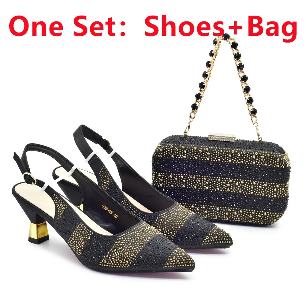 Luxury Women's Wedding Shoes & Bag Set - Italian Rhinestone-Embellished Pumps for Elegant Occasions